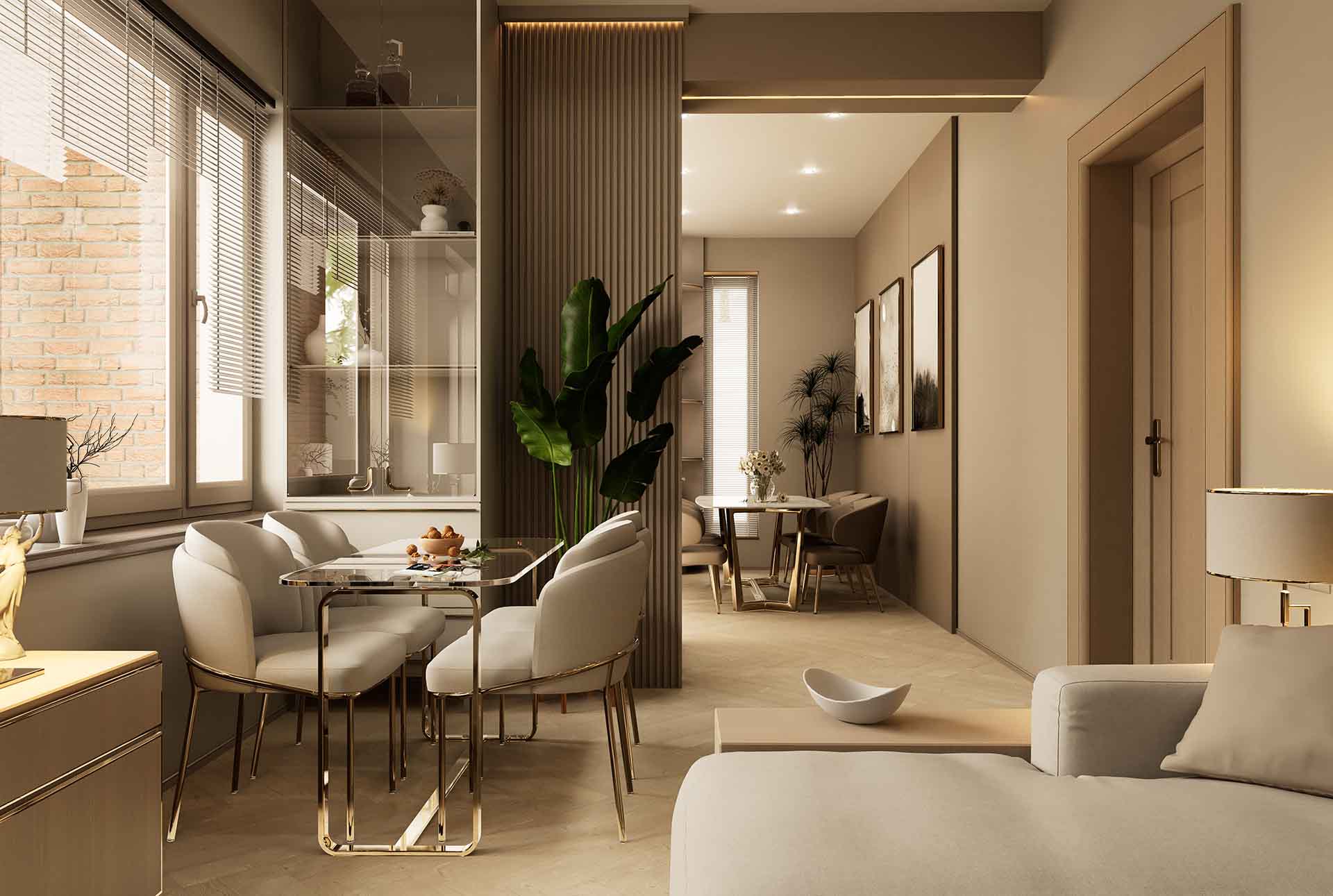 Modern apartment interior with neutral tones, featuring a glass dining table with four chairs, a green potted plant, large windows with blinds, and a cozy living space leading to a dining area in the background.