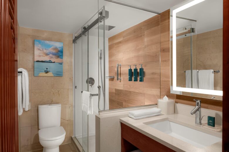 Modern bathroom with glass shower, white toilet, large illuminated mirror above a sink, wooden accents, towel racks, and a wall art piece showing a dock and water scene.