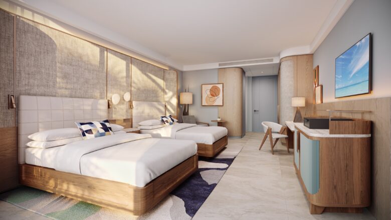 A modern hotel room with two double beds, minimalist wooden furniture, a desk with a chair, decorative lamps, abstract wall art, a TV, and large windows letting in natural light.