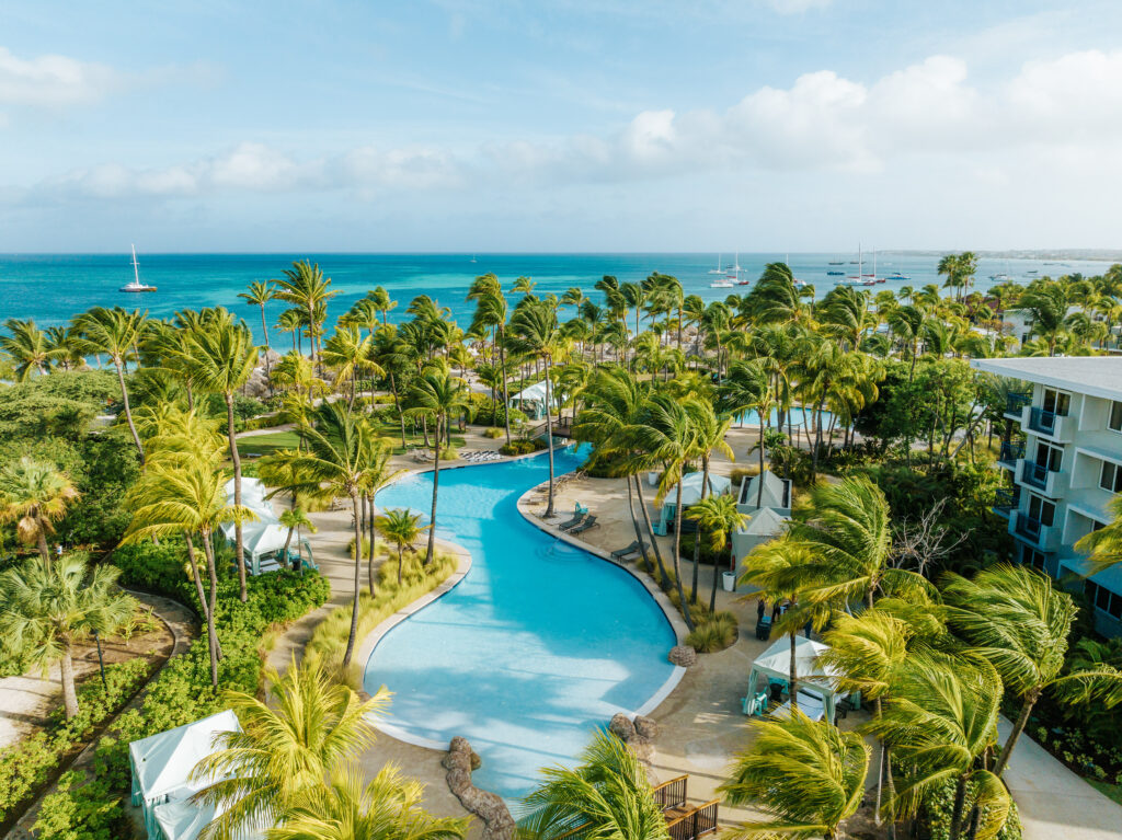 Aerial view of a tropical resort with a winding pool surrounded by palm trees, cabanas, and buildings, overlooking a turquoise ocean with boats and clear blue sky in the background.