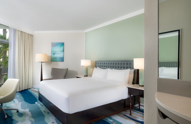 A modern hotel room with a large bed, two bedside tables with lamps, a gray armchair, a floor lamp, a desk chair, a mirror, abstract wall art, and large window with beige curtains.
