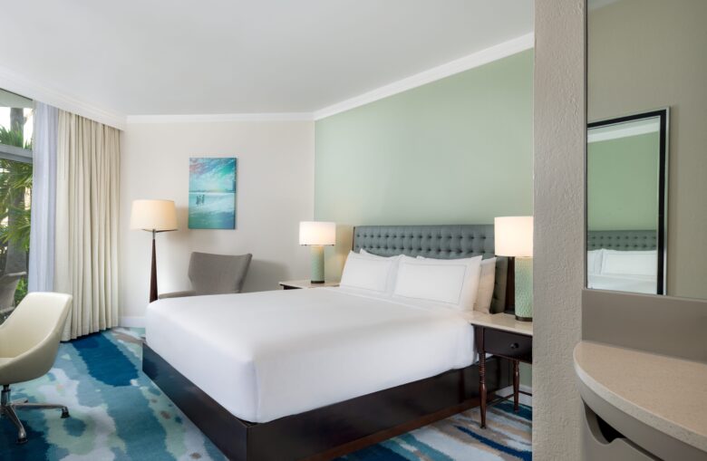 A modern hotel room with a large bed, white bedding, two bedside tables with lamps, an armchair, a desk chair, a large window with curtains, and abstract art on a soft green accent wall.