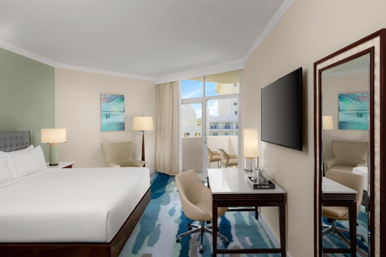 A modern hotel room with a large bed, desk and chair, flat-screen TV, two armchairs, lamps, wall art, and floor-to-ceiling windows opening to a balcony with city views.