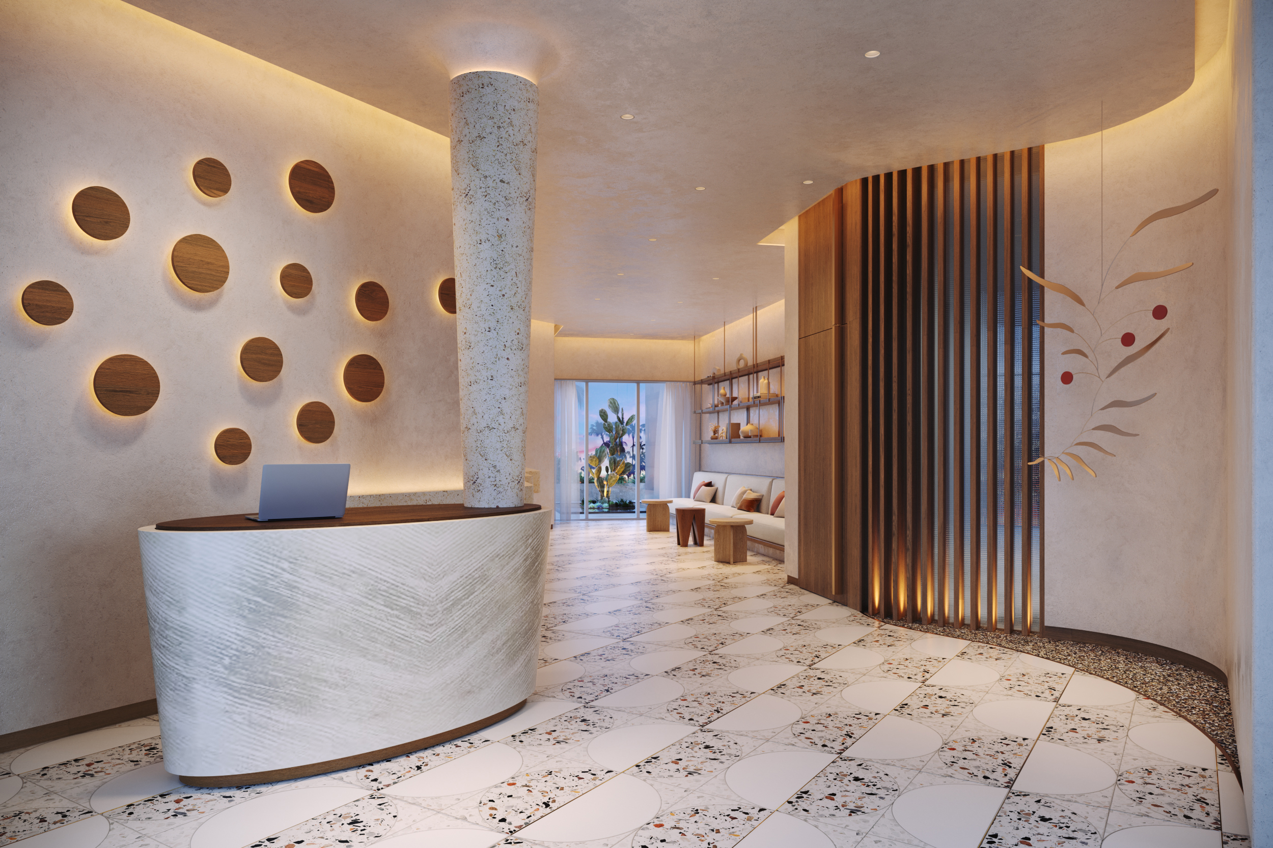 Modern hotel lobby with a curved front desk, circular wall decor, patterned tile floor, wooden slats, built-in seating with cushions, and a butterfly mural. Natural light shines through glass doors at the far end.