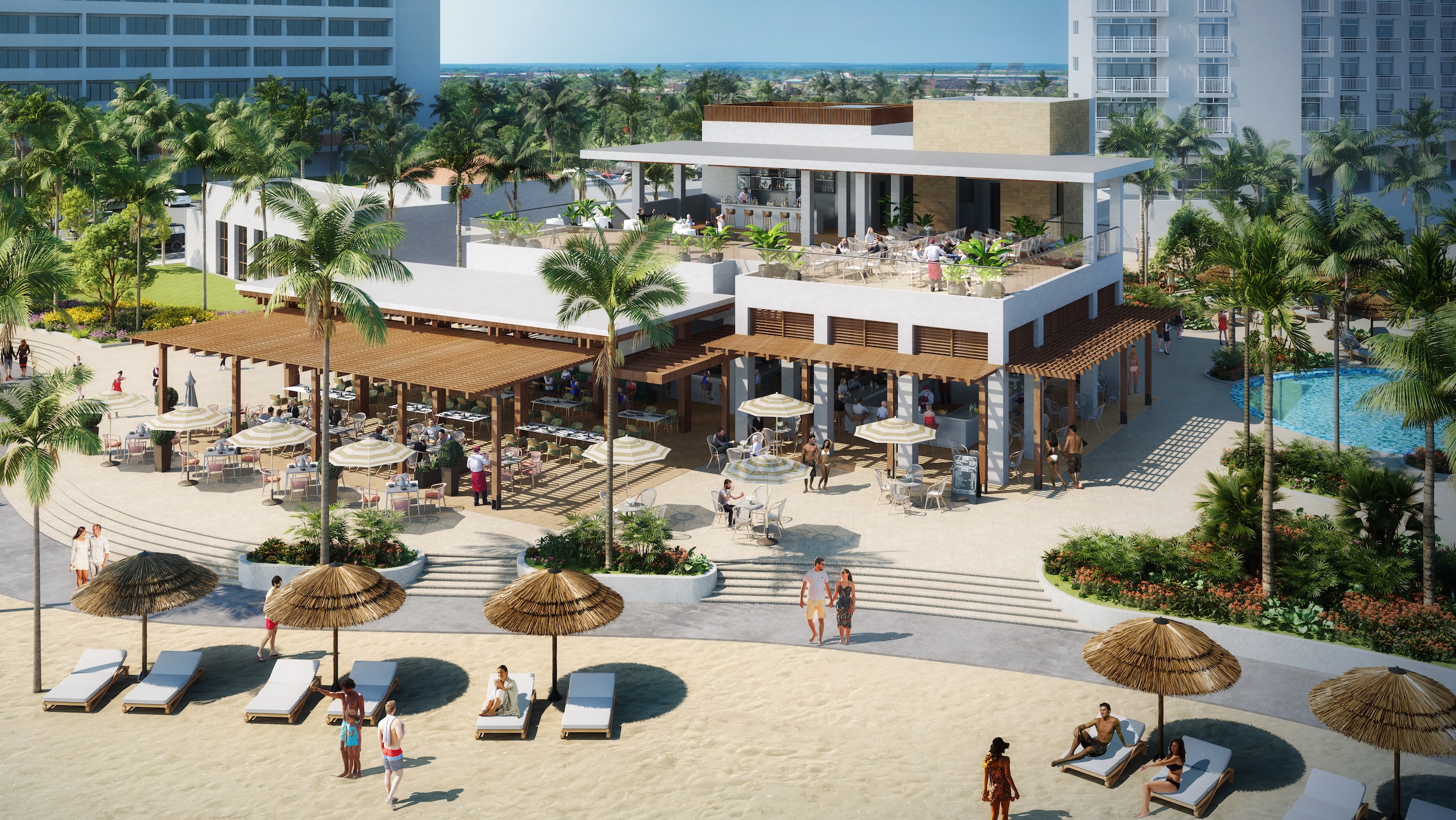 A beachfront resort with outdoor dining areas, sun loungers under straw umbrellas, and people relaxing on the sandy beach. The multi-level building has terraces and is surrounded by palm trees and tall hotels.