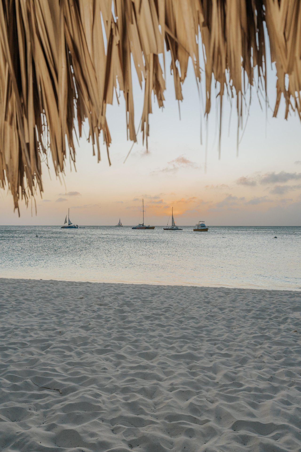 A sandy beach at sunset with calm ocean waves, sailboats, and a motorboat in the distance. Straw from a beach umbrella hangs at the top of the image, framing the peaceful seascape.