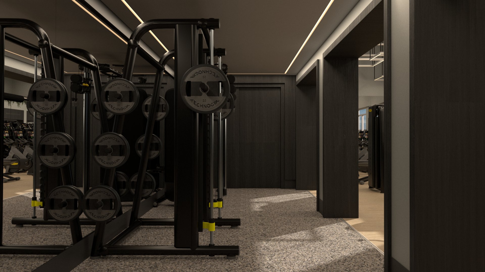 A modern gym interior with dark walls, mirrored surfaces, weightlifting racks with weight plates, and carpeted flooring. The space has sleek, minimalistic design and is well-lit by ceiling lights.