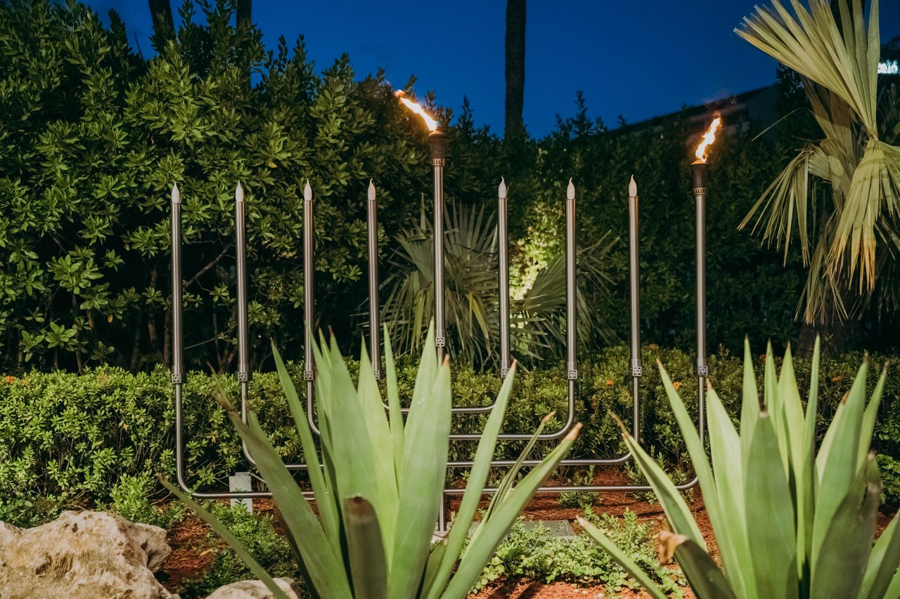 A large outdoor menorah with eight unlit branches and one lit shamash candle, surrounded by lush green plants and trees at night.
