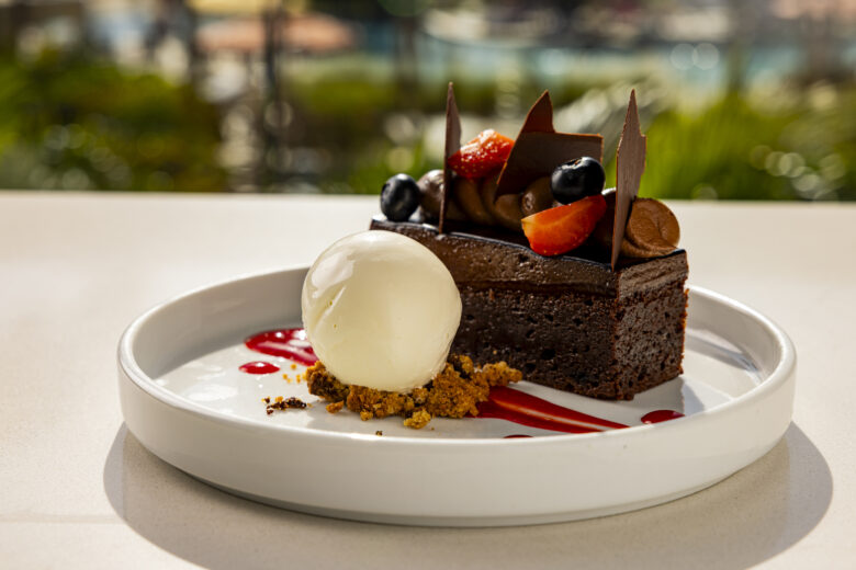 A plated dessert featuring a slice of rich chocolate cake topped with chocolate pieces, strawberries, blueberries, and cream, served with a scoop of vanilla ice cream and red sauce on a white plate.