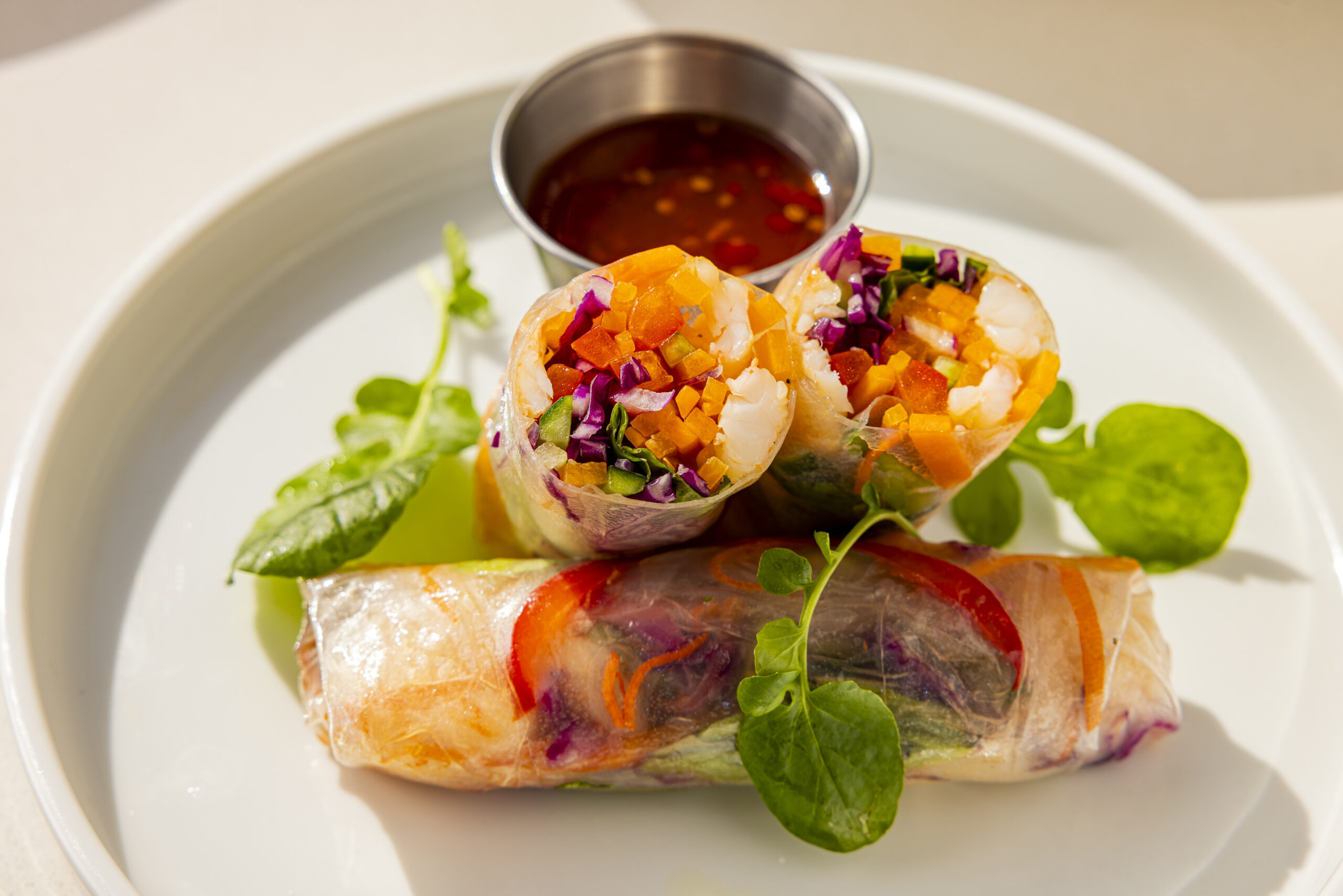 Three fresh vegetable spring rolls, filled with colorful vegetables and shrimp, are served on a white plate with leafy greens and a small metal cup of dipping sauce.