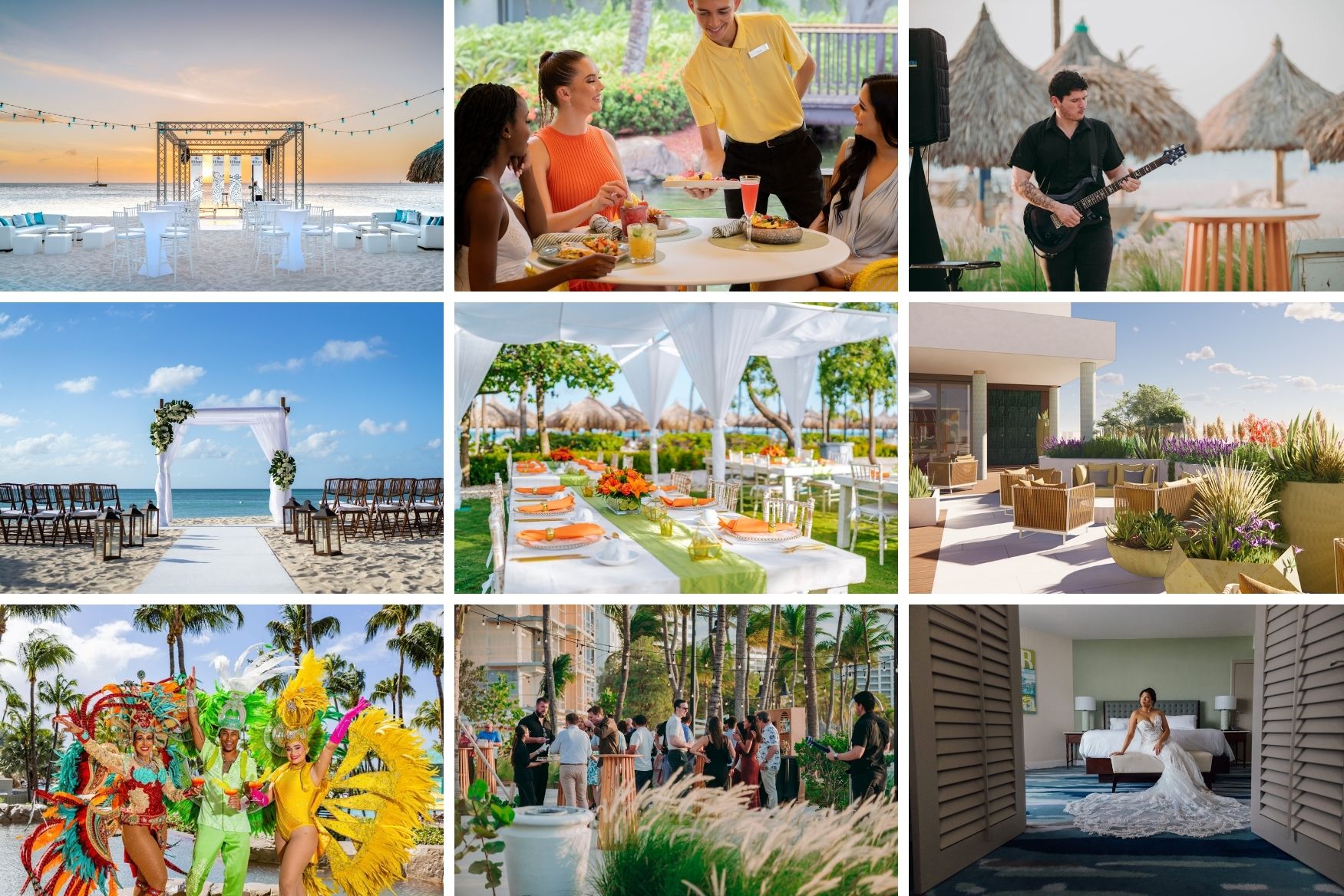 A collage of nine images depicting a tropical beach resort: beach weddings, outdoor dining, live music, performers in colorful costumes, social gatherings, lush gardens, and a bride in a hotel room.