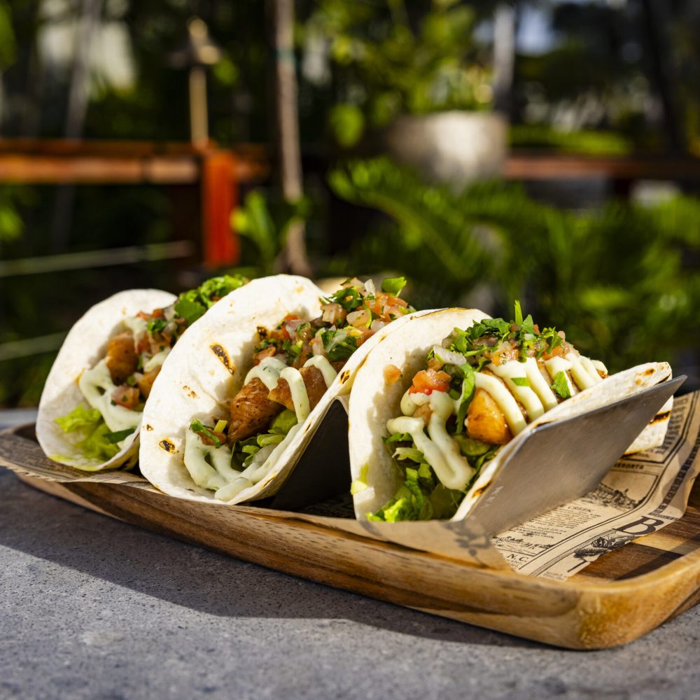 Three soft shell tacos filled with lettuce, diced tomatoes, grilled fish, chopped cilantro, and drizzled with a creamy sauce, served on a wooden tray outdoors with greenery in the background.
