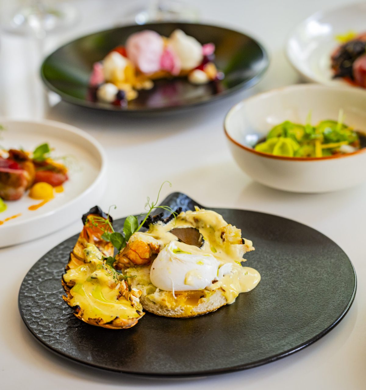 A black plate holds a poached egg on English muffin with hollandaise sauce, garnished with greens. Surrounding plates contain colorful, artfully presented dishes on a white table.