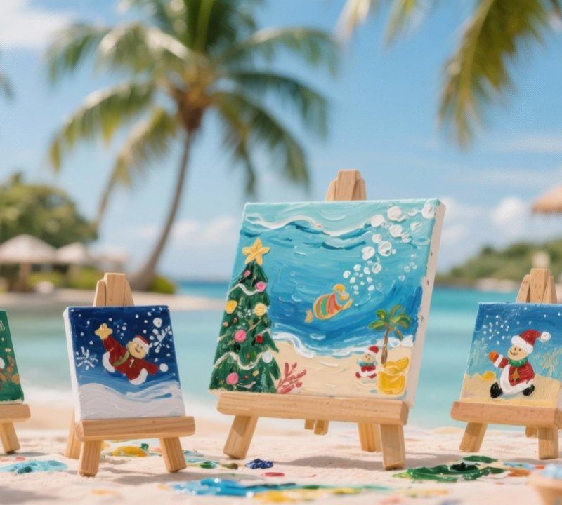 Mini easels display festive paintings of Santa and a Christmas tree on a sunny tropical beach, with palm trees and blue ocean in the background. Paint palettes and brushes are scattered on the sandy table.